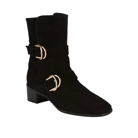 Stuart Weitzman Britain Black Suede Ankle Boots With Gold Buckles & Zipper 6 - Picture 4 of 13